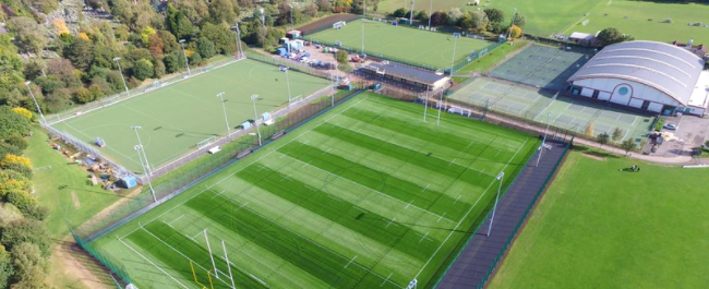 Aerial photograph of Coombe Dingle Sports Complex showing an outdoor 3G pitch and a hockey pitch. 